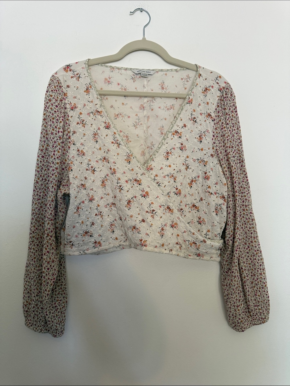 American Eagle Outfitters Cream Floral Wrap Blouse with Romantic Sleeves